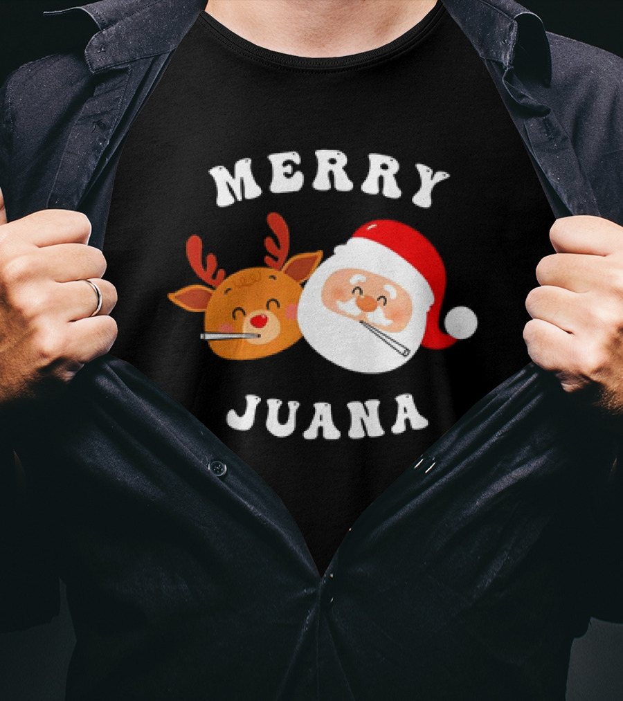 Merry Juana Christmas Santa And Reindeer Smoking Holiday Fun T-Shirt
