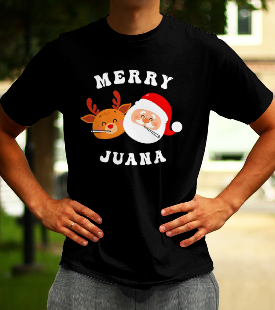 Merry Juana Christmas Santa And Reindeer Smoking Holiday Fun T-Shirt