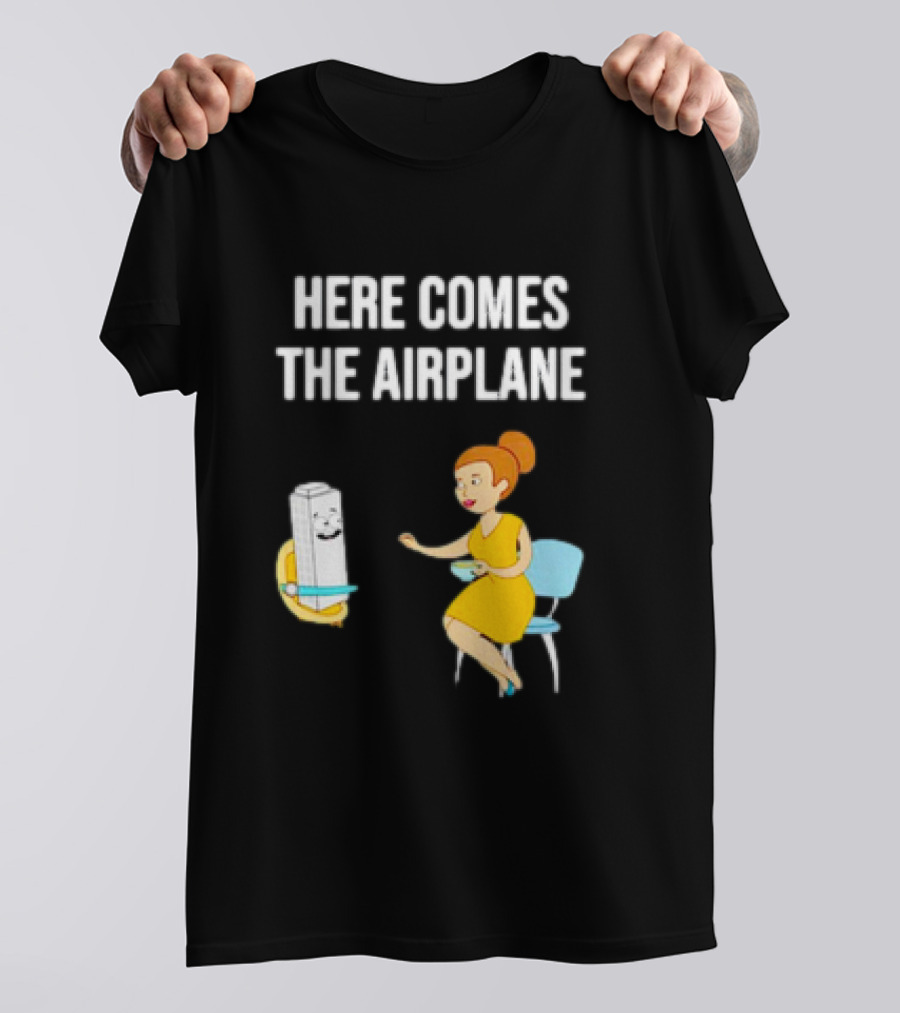 HERE COMES THE AIRPLANE CARTOON TOILET PAPER AND WOMAN ON CHAIR T-Shirt