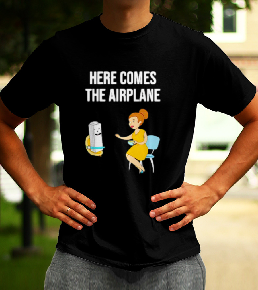 HERE COMES THE AIRPLANE CARTOON TOILET PAPER AND WOMAN ON CHAIR T-Shirt