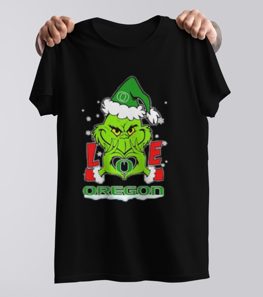 Grinch Hand Love Oregon Ducks Christmas Santa Hat Snowflakes T-Shirt