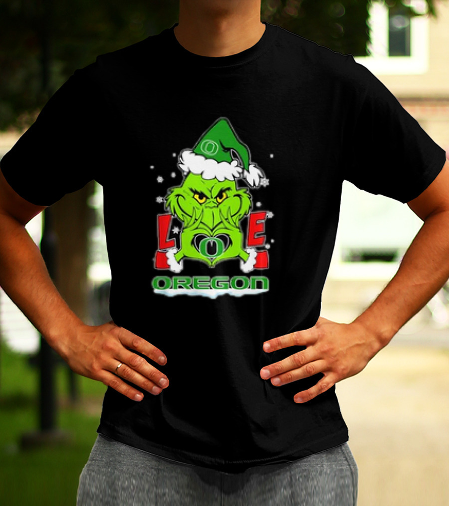 Grinch Hand Love Oregon Ducks Christmas Santa Hat Snowflakes T-Shirt
