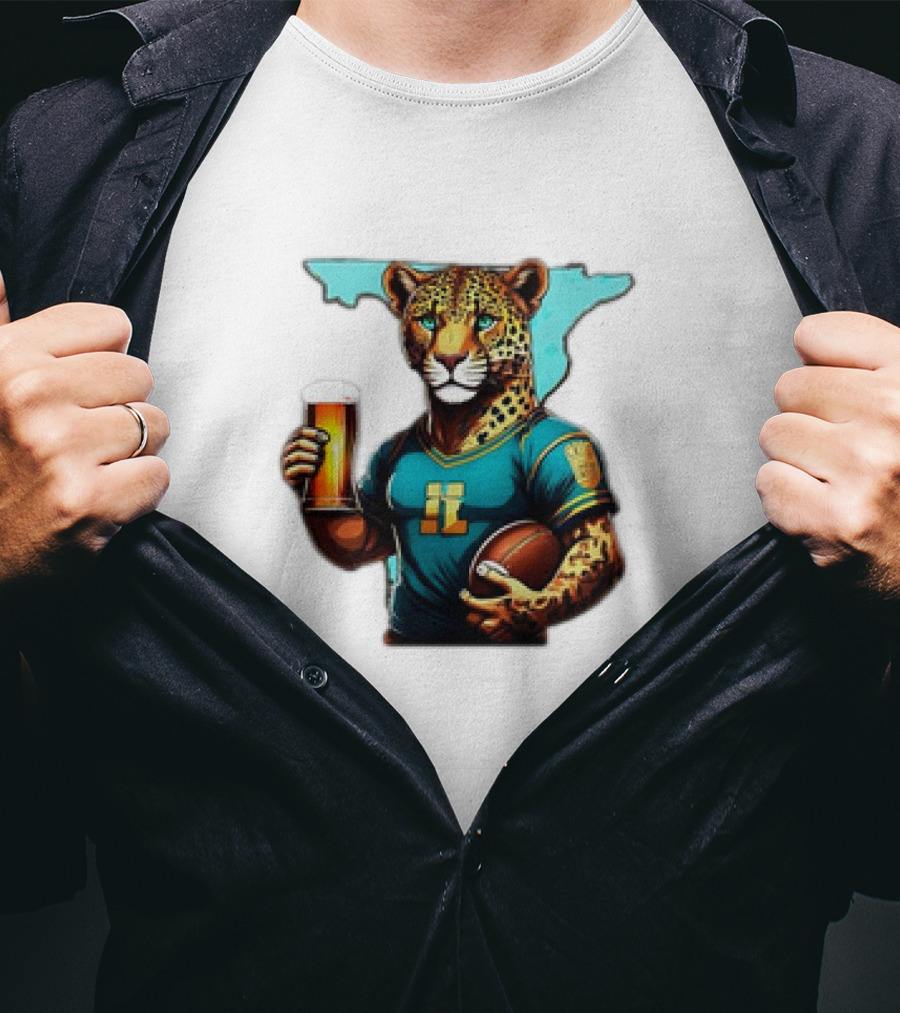 Jacksonville Jaguars Fan Jaguar With Beer And Football T-Shirt