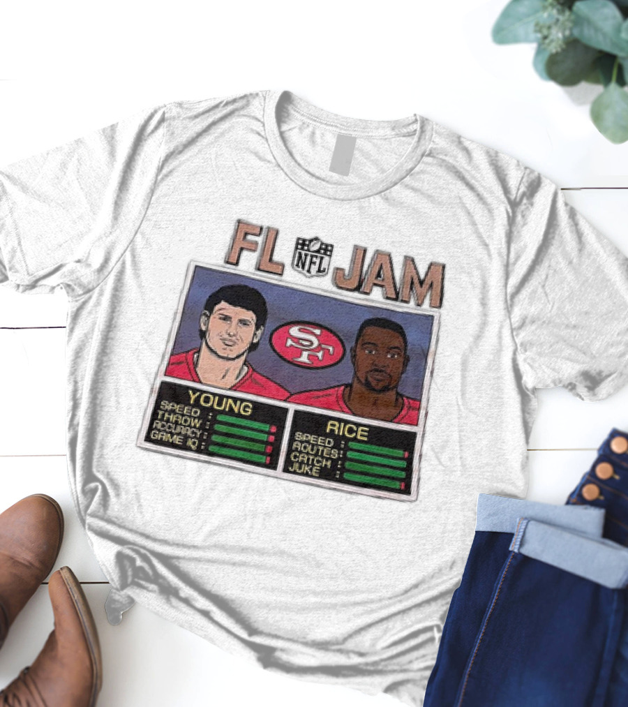 NFL Jam San Francisco 49ers Young Rice Speed Throw Catch T-Shirt