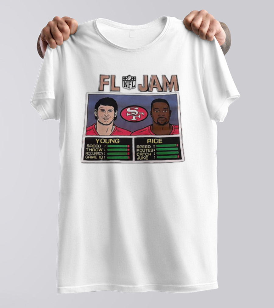 NFL Jam San Francisco 49ers Young Rice Speed Throw Catch T-Shirt