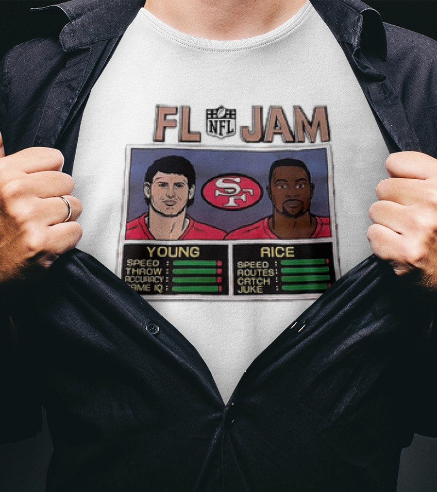 NFL Jam San Francisco 49ers Young Rice Speed Throw Catch T-Shirt