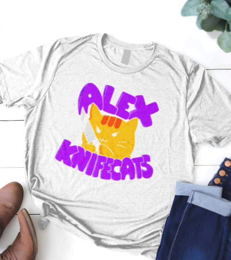 Alex Knifecats Orange Cat Purple Text T-Shirt