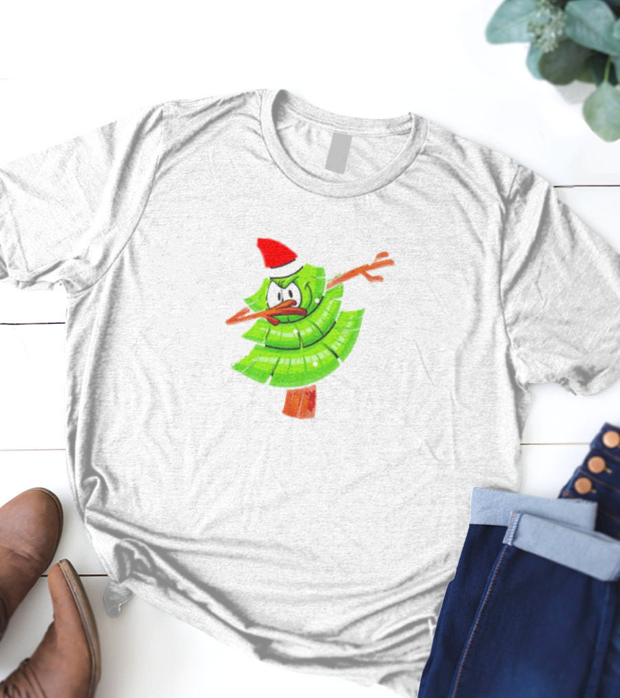 Dabbing Through The Snow Christmas Tree With Santa Hat Cartoon T-Shirt