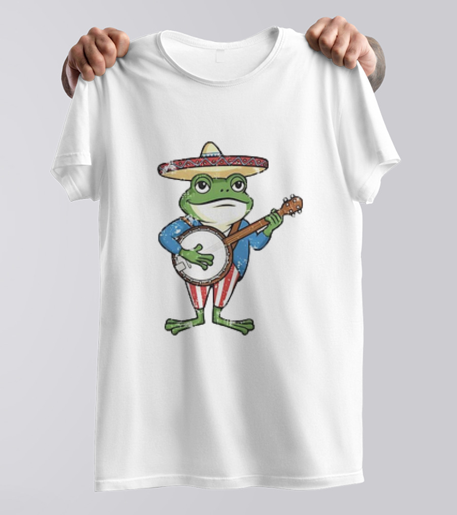 Frog In Sombrero Playing Banjo In Patriotic T-Shirt