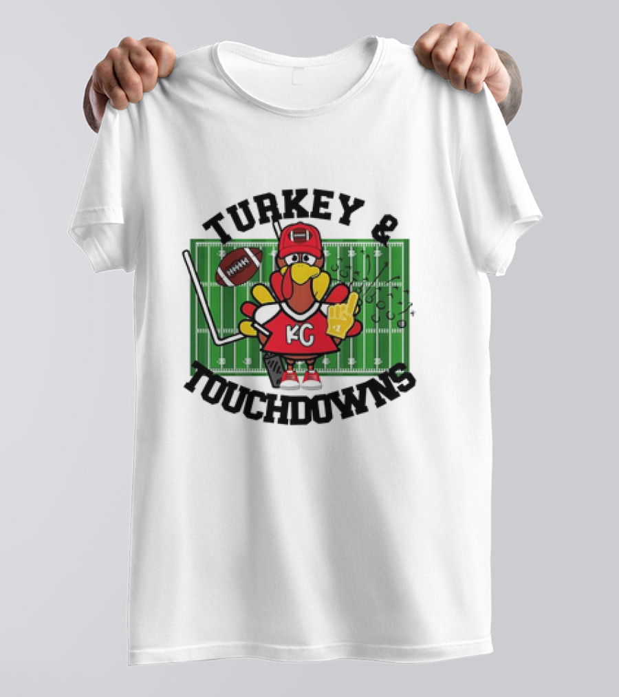 Turkey And Touchdowns Kansas City Chiefs Football Field Cartoon T-Shirt