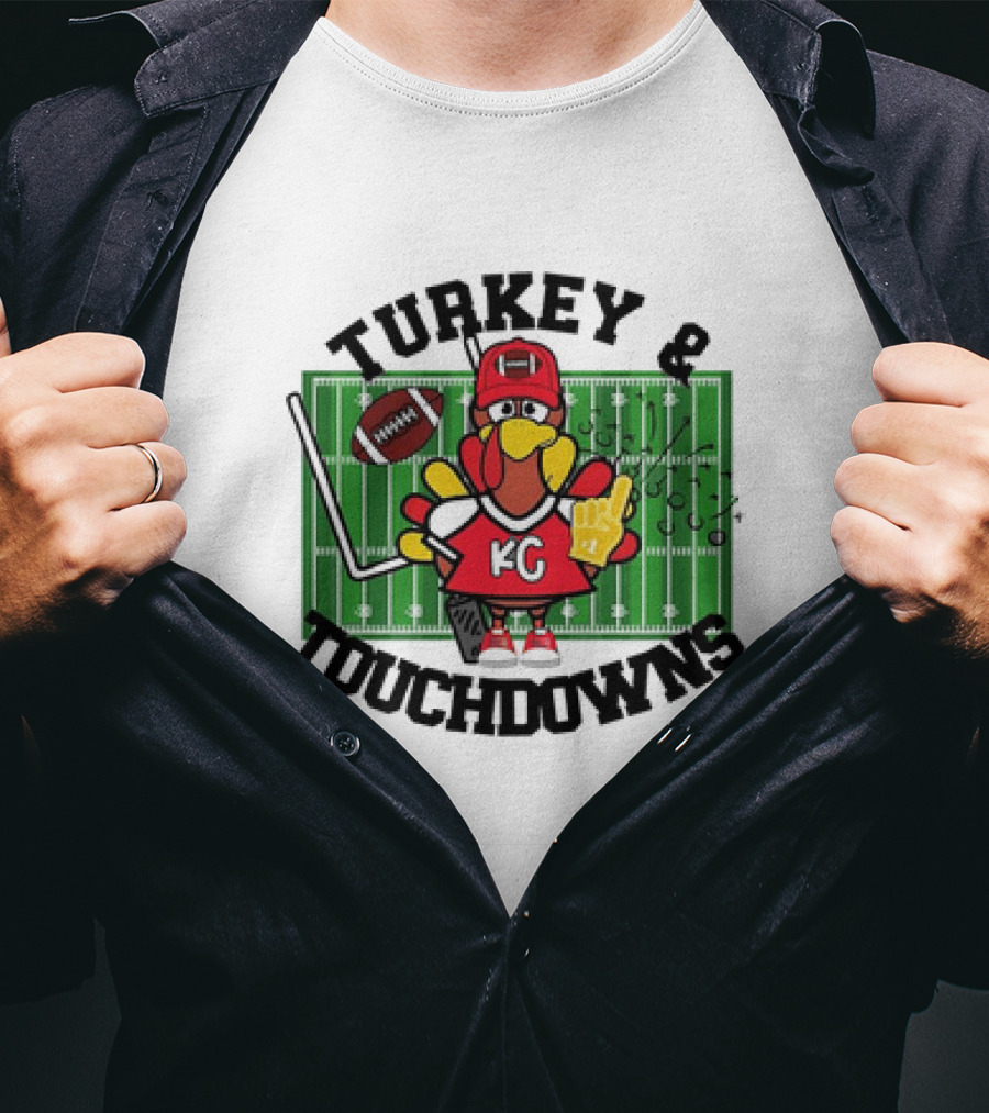 Turkey And Touchdowns Kansas City Chiefs Football Field Cartoon T-Shirt