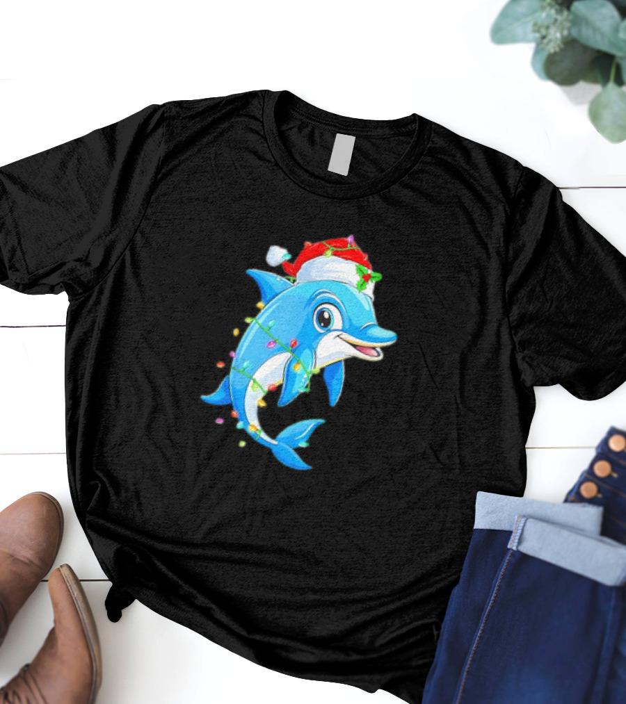 Dolphin In Santa Hat Wrapped In Christmas Tree Lights Pajamas T-Shirt