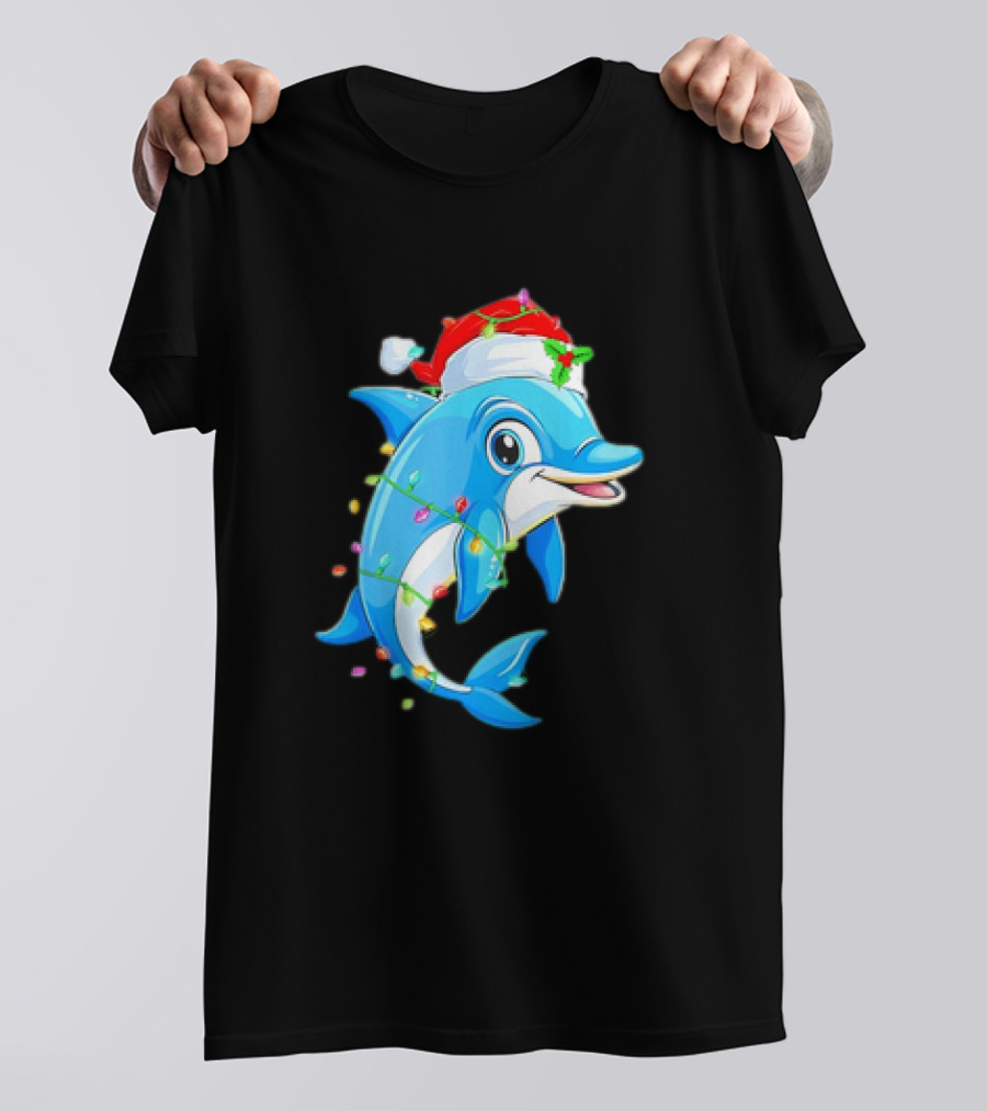 Dolphin In Santa Hat Wrapped In Christmas Tree Lights Pajamas T-Shirt