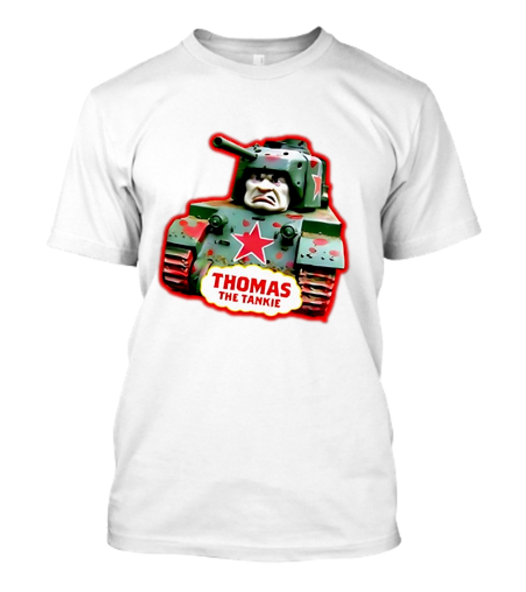 THOMAS THE TANKIE Green Camouflage Tank Red Star Cartoon Face T-Shirt