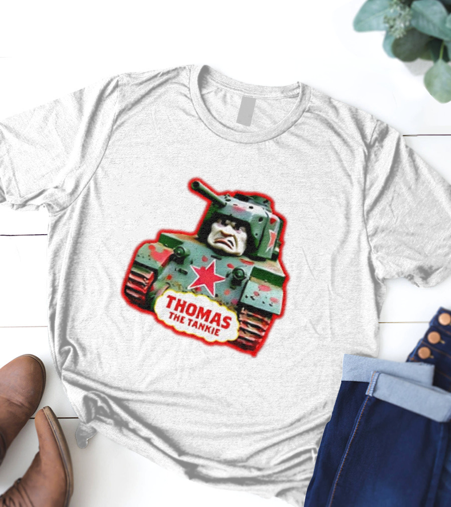 THOMAS THE TANKIE Green Camouflage Tank Red Star Cartoon Face T-Shirt