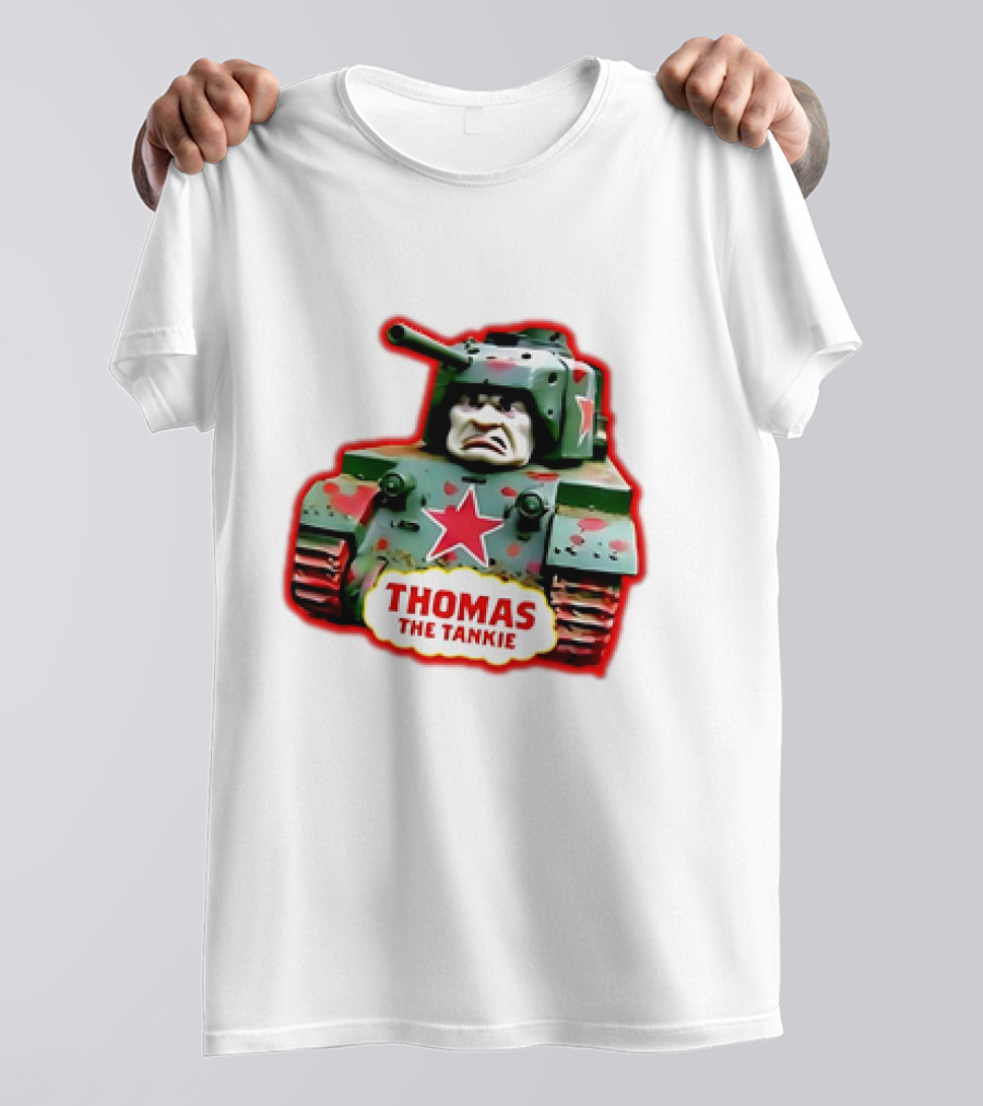 THOMAS THE TANKIE Green Camouflage Tank Red Star Cartoon Face T-Shirt