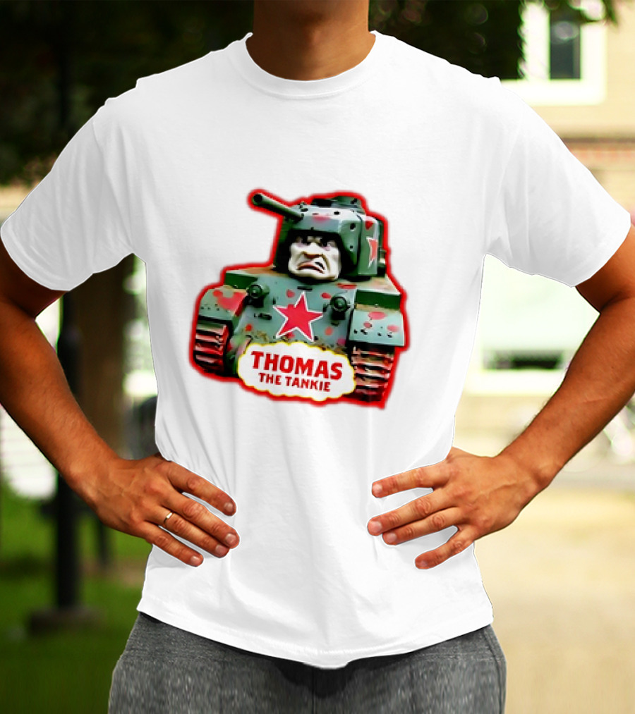 THOMAS THE TANKIE Green Camouflage Tank Red Star Cartoon Face T-Shirt