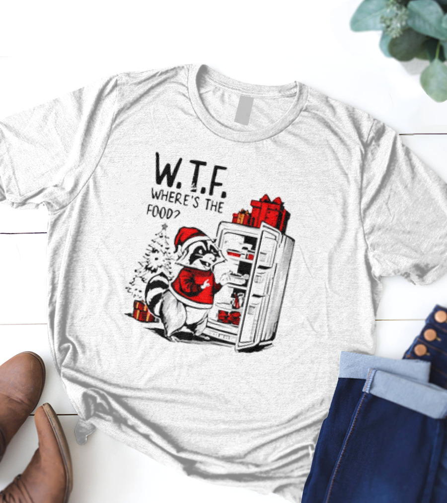 W.T.F. Where's The Food Christmas Foodie Raccoon With Fridge And Santa Hat T-Shirt