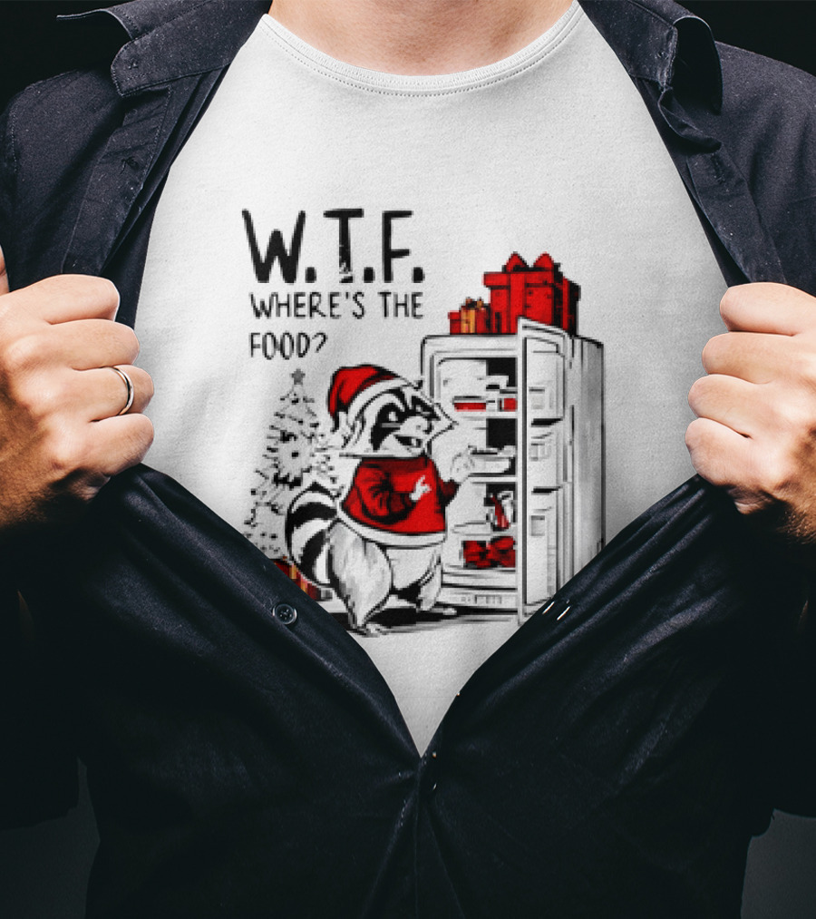 W.T.F. Where's The Food Christmas Foodie Raccoon With Fridge And Santa Hat T-Shirt