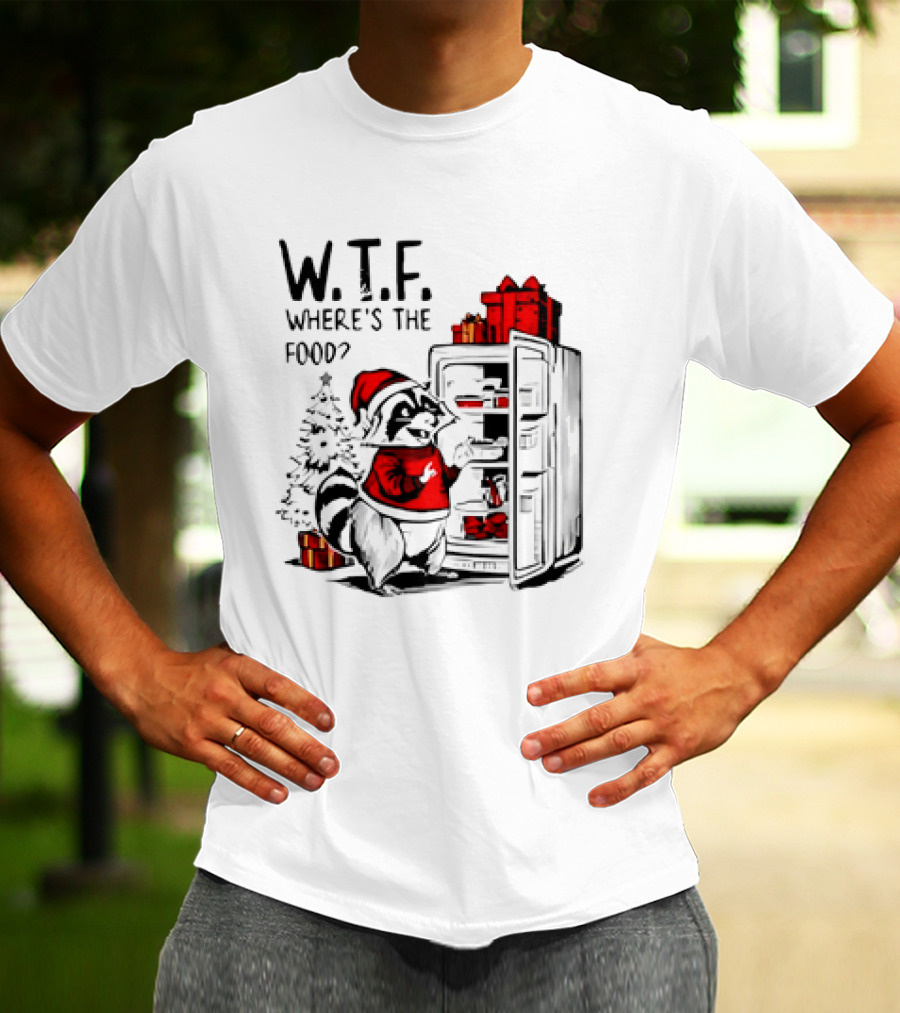 W.T.F. Where's The Food Christmas Foodie Raccoon With Fridge And Santa Hat T-Shirt