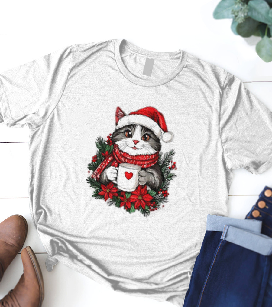 Christmas Cat Santa Hat Coffee Mug Festive T-Shirt