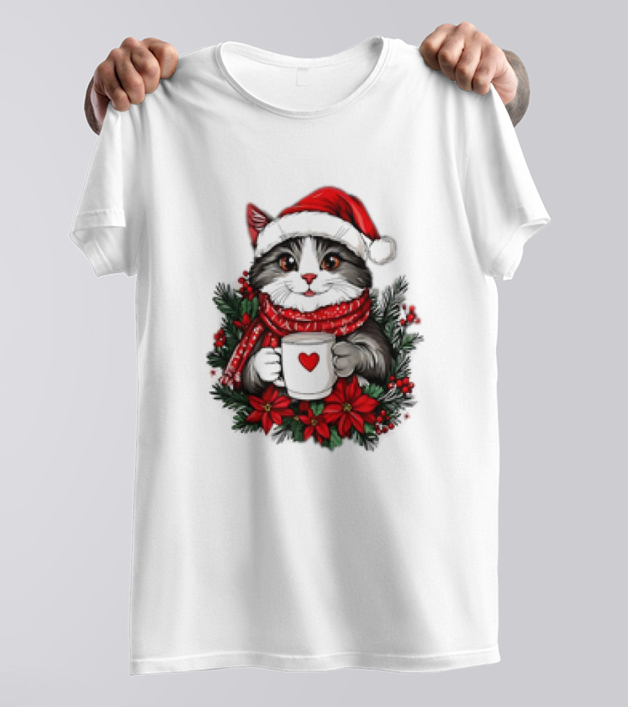 Christmas Cat Santa Hat Coffee Mug Festive T-Shirt