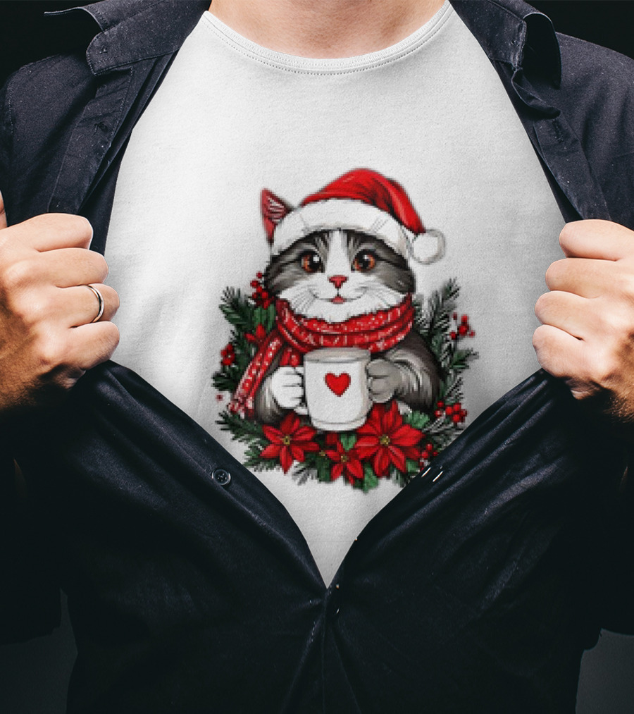 Christmas Cat Santa Hat Coffee Mug Festive T-Shirt