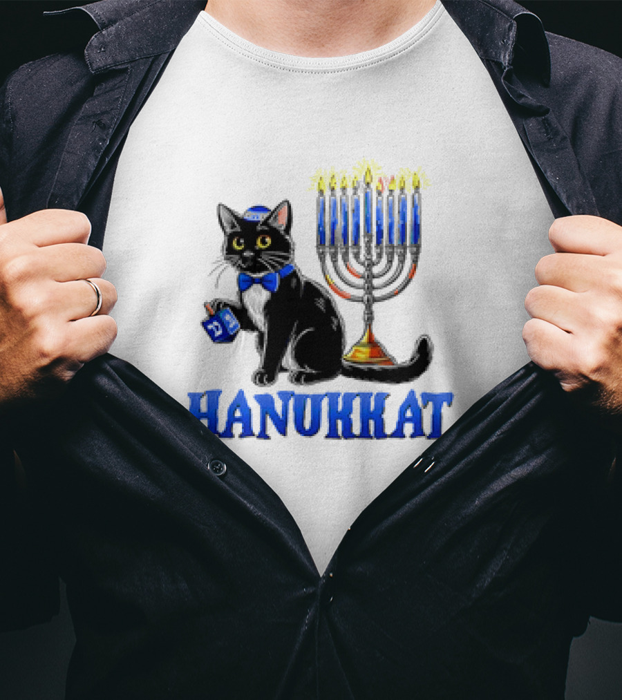 Hanukkat Cute Happy Hanukkah Jewish Cat Menorah Chanukah T-Shirt