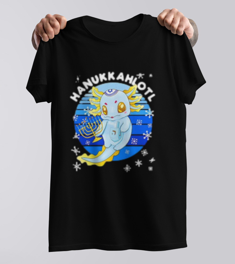 Hanukkahlotl Axolotl Dreidel Menorah Snowflakes Retro T-Shirt