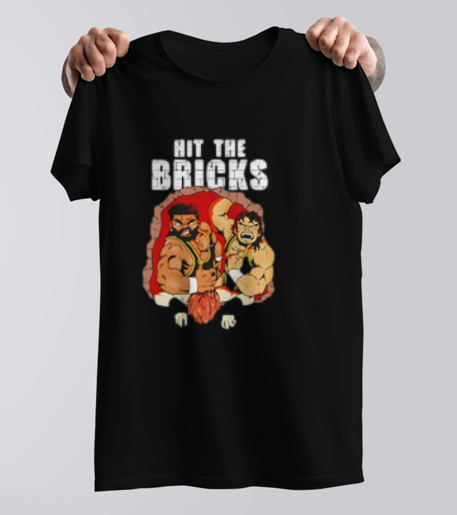 Hit The Bricks Cartoon Wrestlers Breaking Through Wall T-Shirt
