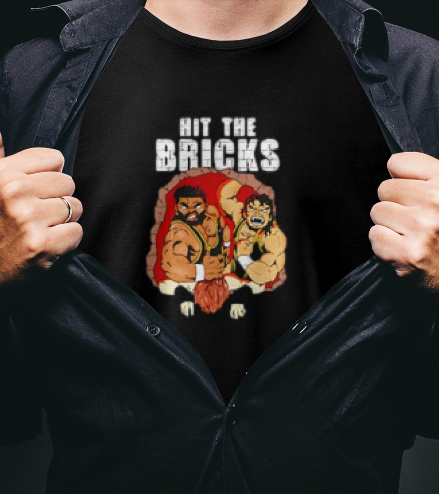 Hit The Bricks Cartoon Wrestlers Breaking Through Wall T-Shirt