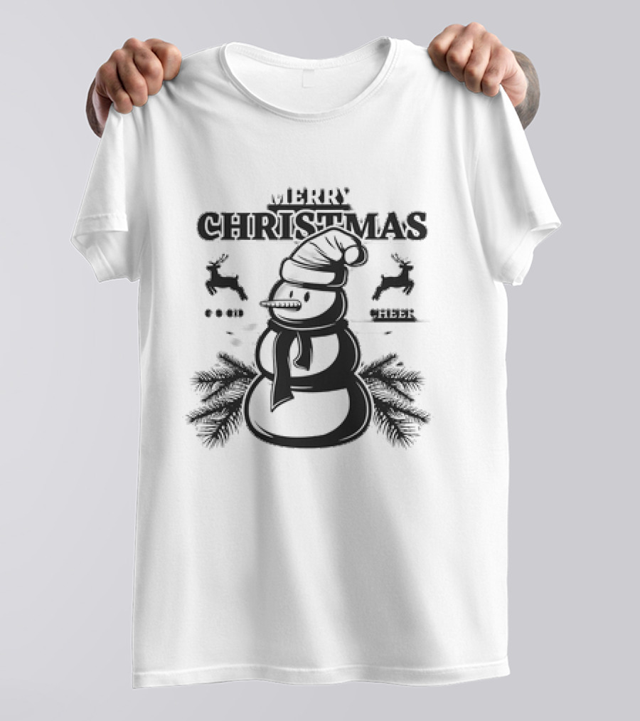 Merry Christmas Good Cheer Snowman With Reindeer And Pine Branches T-Shirt