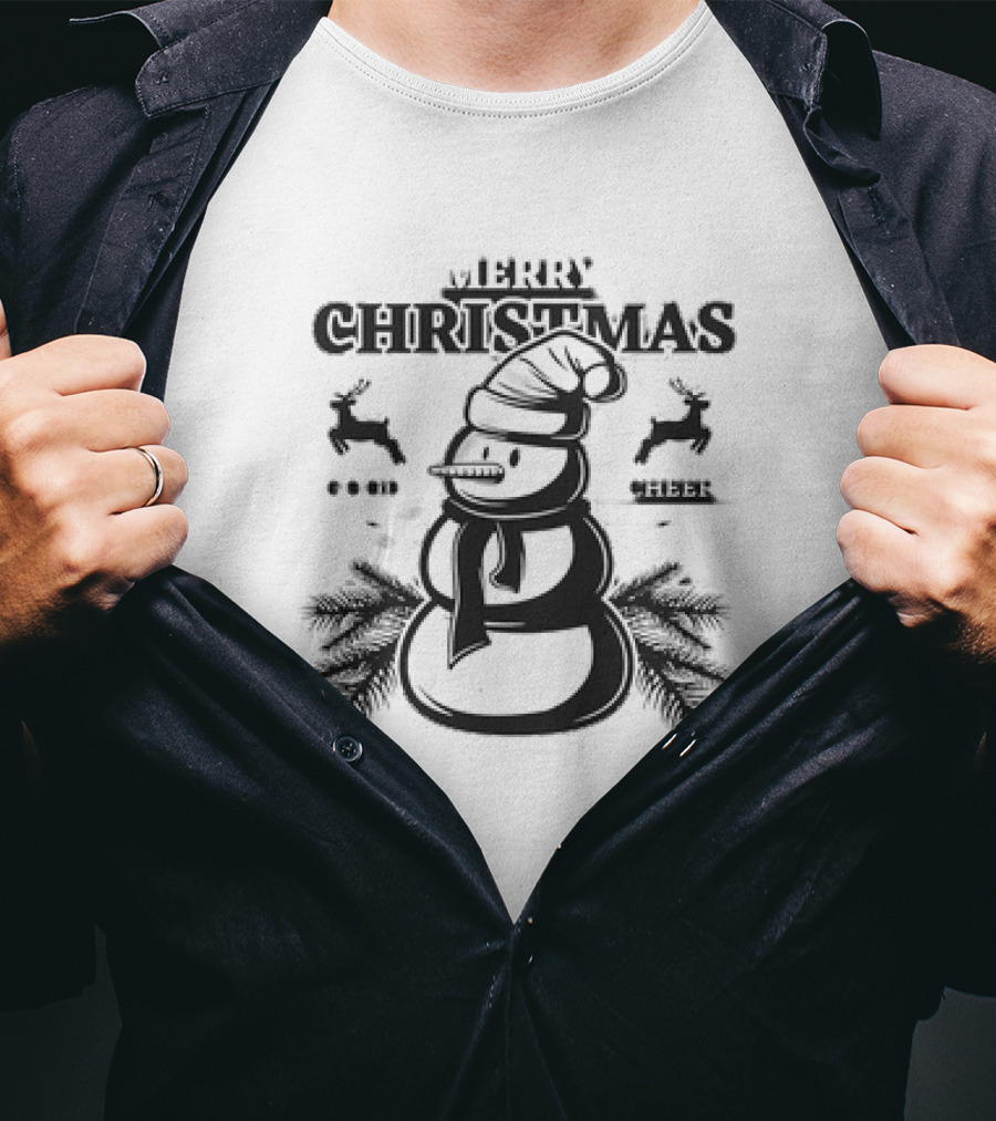 Merry Christmas Good Cheer Snowman With Reindeer And Pine Branches T-Shirt