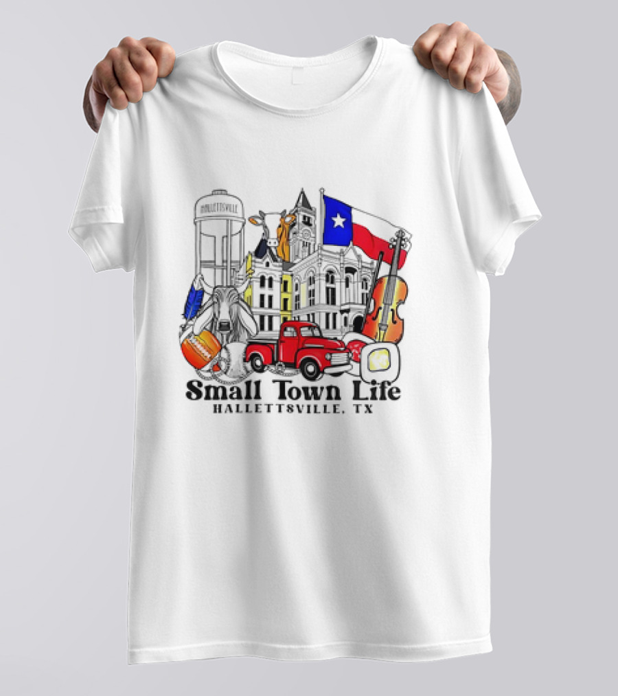 Small Town Life Hallettsville TX Water Tower Historic Courthouse Red Truck Texas Flag Cow Guitar T-Shirt