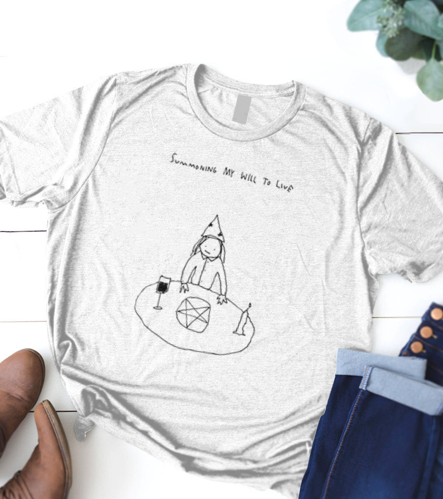 Summoning My Will To Live Wizard Hat Pentagram Candle Wine Sketch T-Shirt