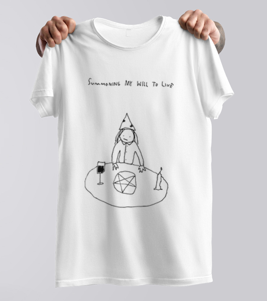 Summoning My Will To Live Wizard Hat Pentagram Candle Wine Sketch T-Shirt