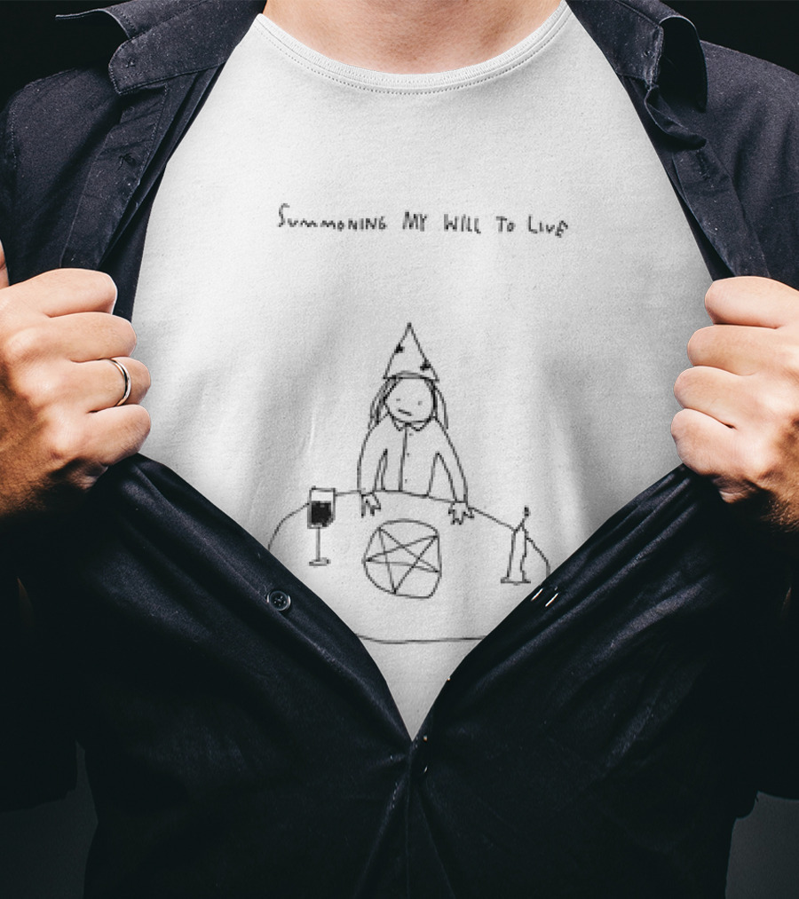 Summoning My Will To Live Wizard Hat Pentagram Candle Wine Sketch T-Shirt