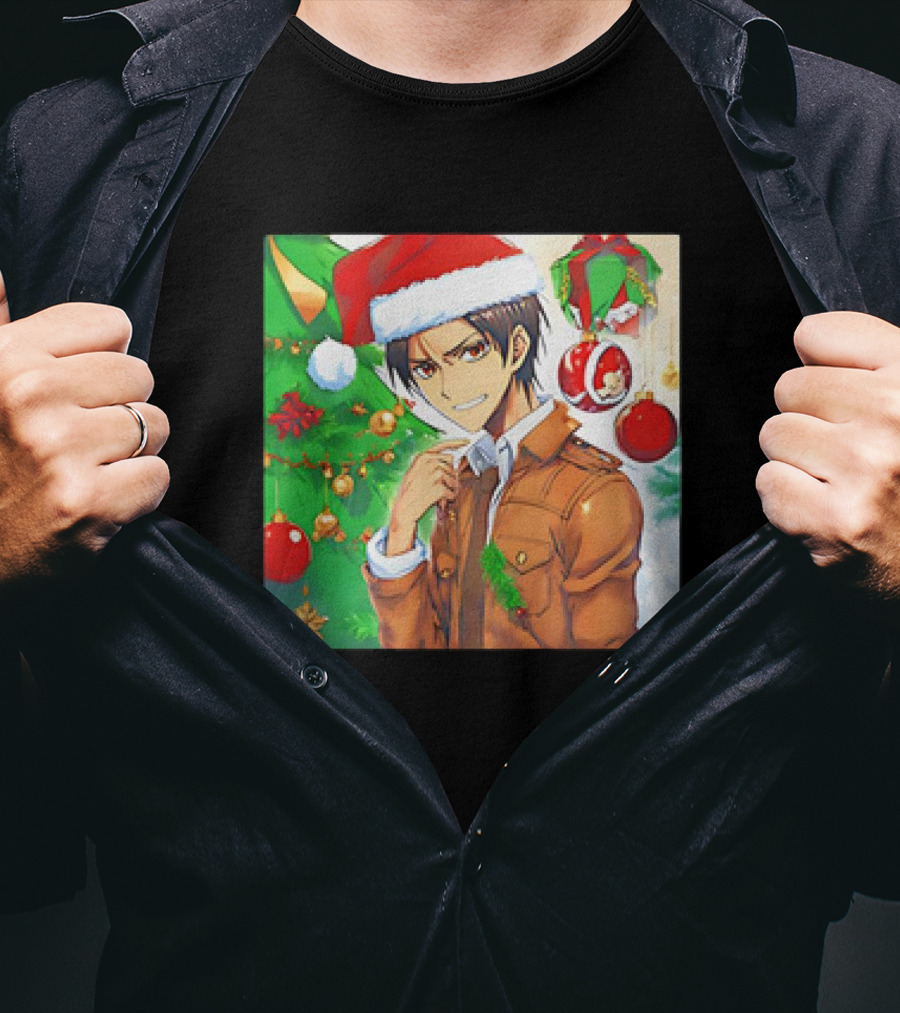 Eren Yeager Santa Hat Christmas Attack On Titan Anime Festive Tree Ornaments T-Shirt