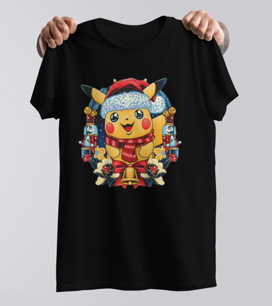 Pikachu Christmas Hat Scarf Nutcracker Bells Pokémon Holiday T-Shirt