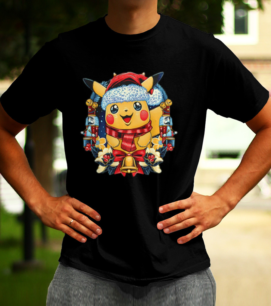 Pikachu Christmas Hat Scarf Nutcracker Bells Pokémon Holiday T-Shirt
