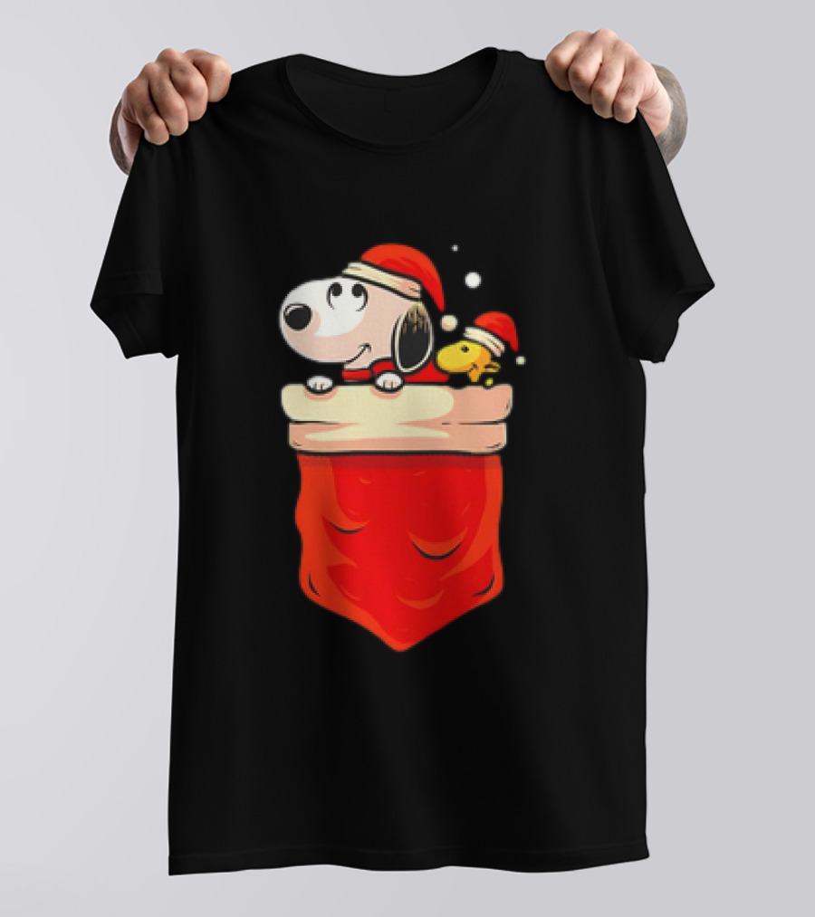 Snoopy And Woodstock Christmas Santa Hats In Red Pocket T-Shirt