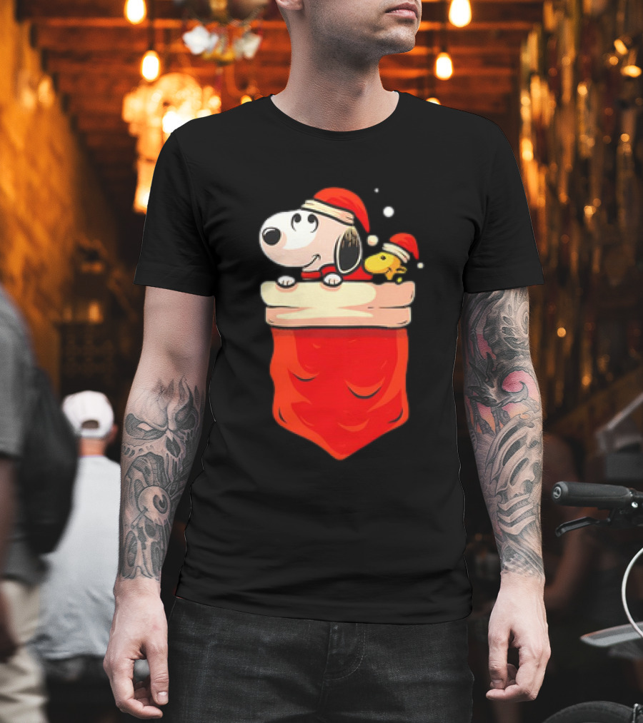 Snoopy And Woodstock Christmas Santa Hats In Red Pocket T-Shirt
