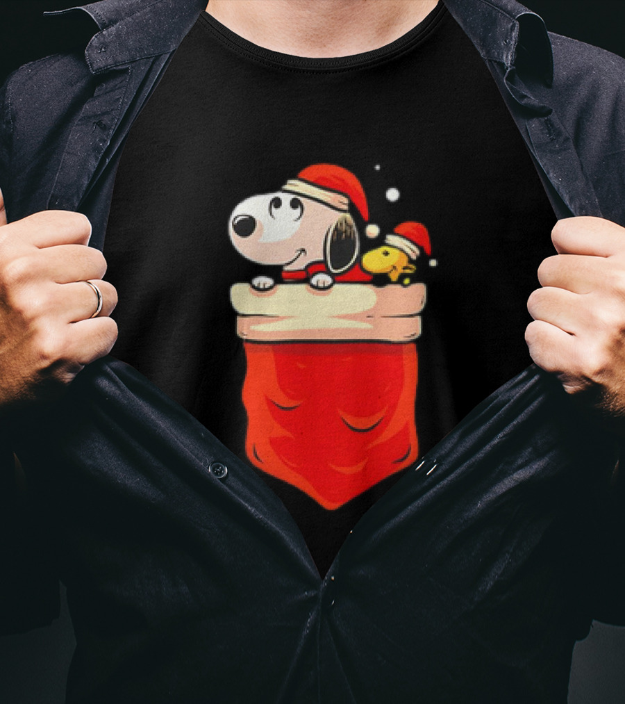 Snoopy And Woodstock Christmas Santa Hats In Red Pocket T-Shirt
