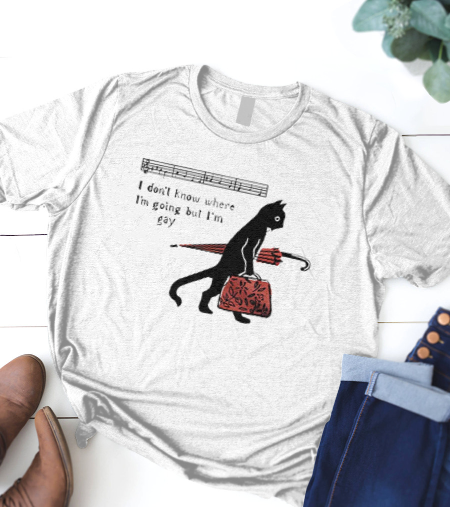 I Don't Know Where I'm Going But I'm Gay Cat With Umbrella And Bag T-Shirt