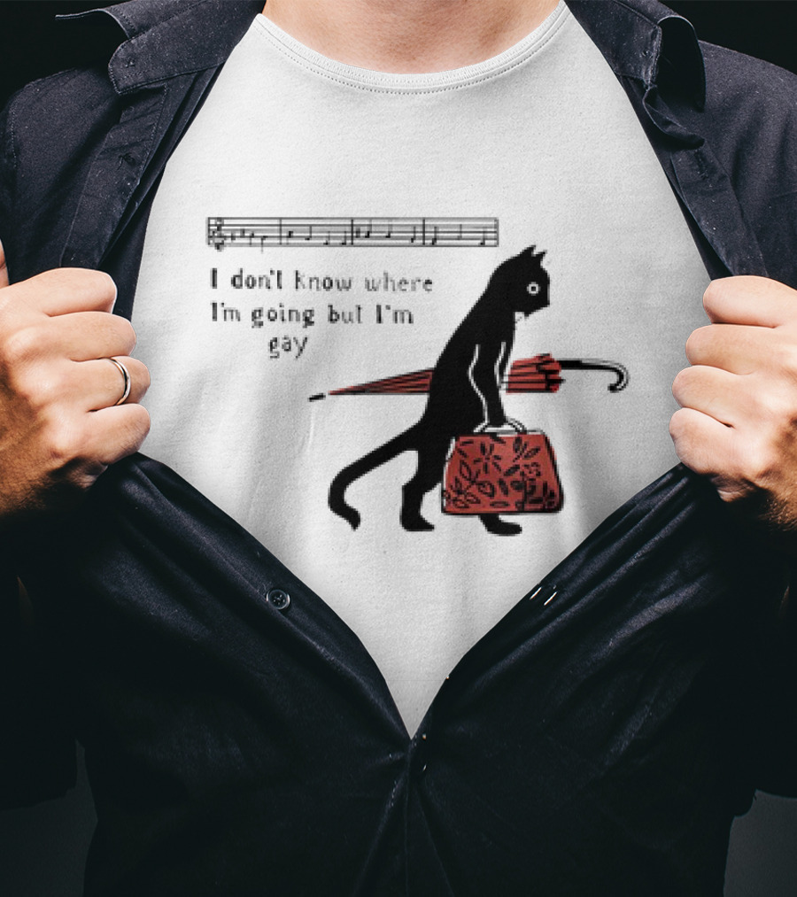 I Don't Know Where I'm Going But I'm Gay Cat With Umbrella And Bag T-Shirt