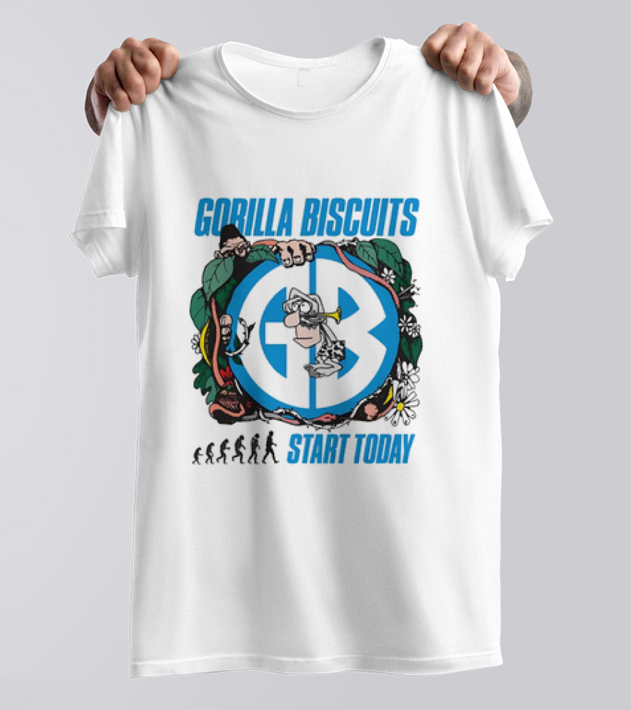 Gorilla Biscuits Start Today Evolution Theme Logo With Characters And Nature Elements T-Shirt
