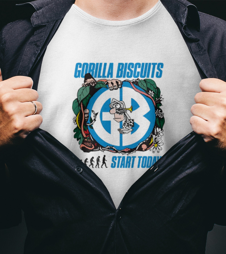 Gorilla Biscuits Start Today Evolution Theme Logo With Characters And Nature Elements T-Shirt