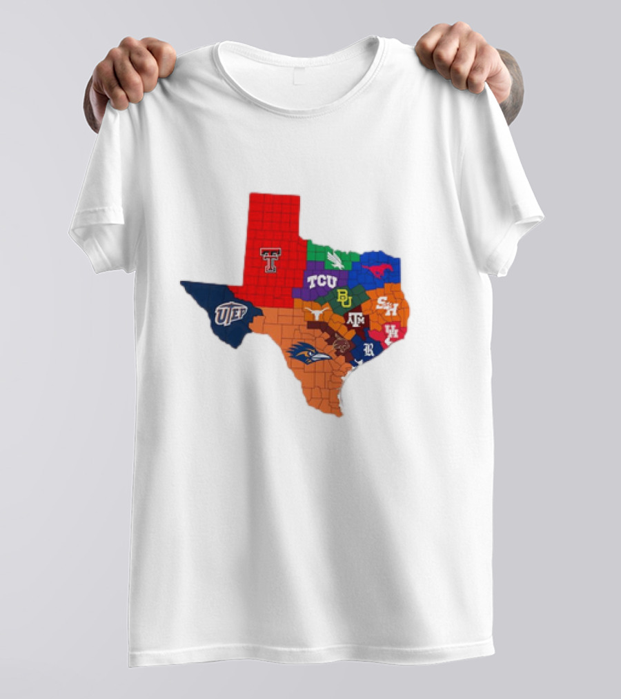 Map Of Texas College Football Teams Featuring TCU Baylor Texas A&M Texas Tech UTEP T-Shirt