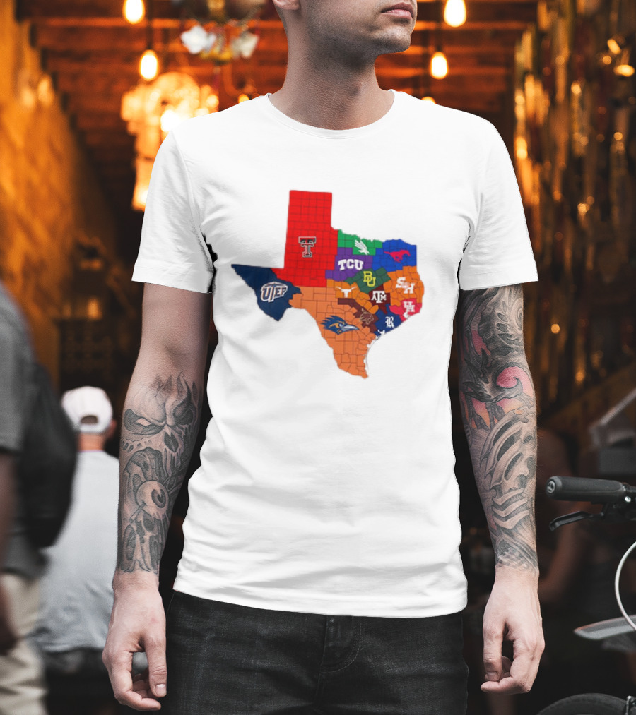 Map Of Texas College Football Teams Featuring TCU Baylor Texas A&M Texas Tech UTEP T-Shirt