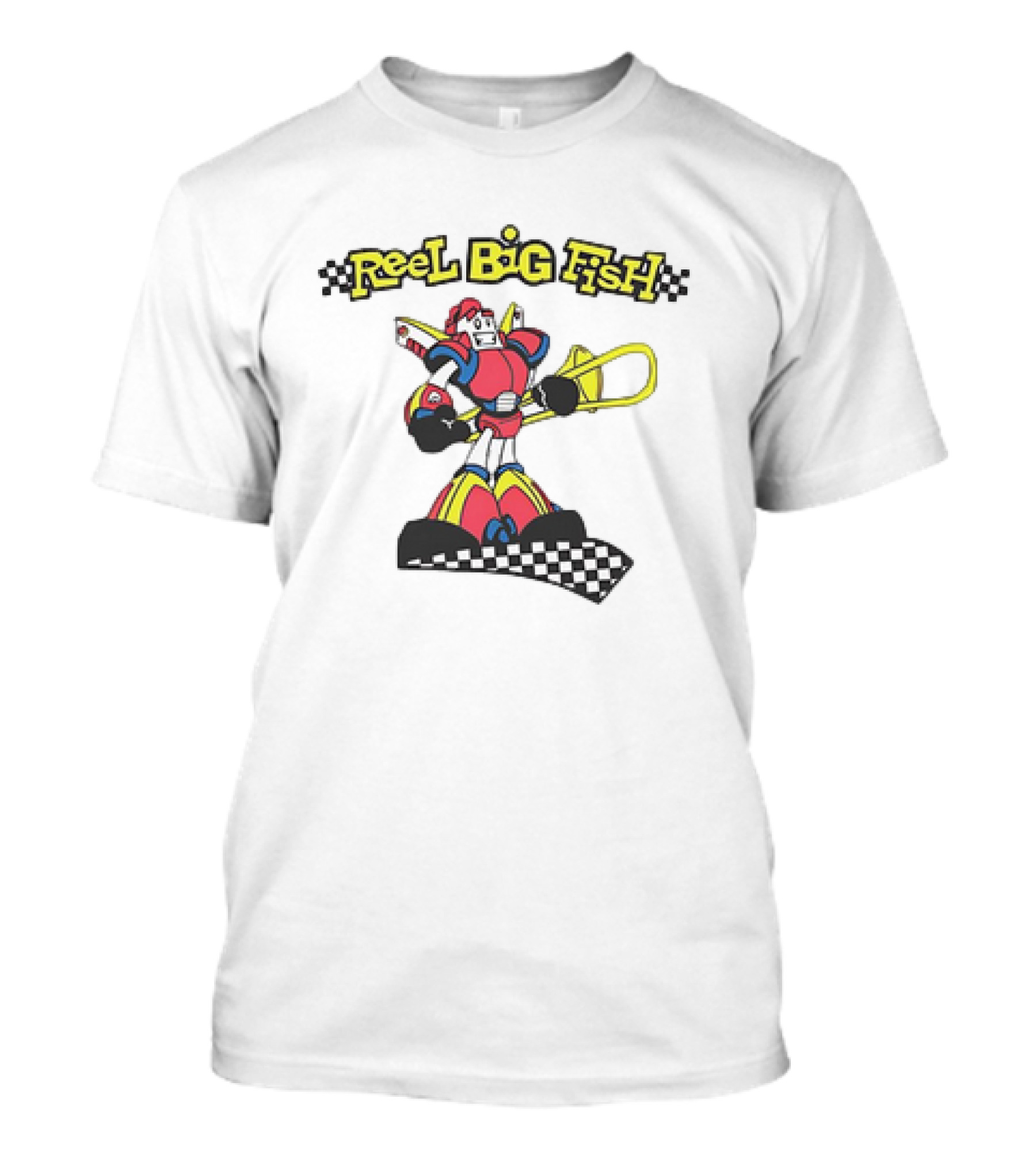 Reel Big Fish Robot Character With Trombone And Checkerboard T-Shirt